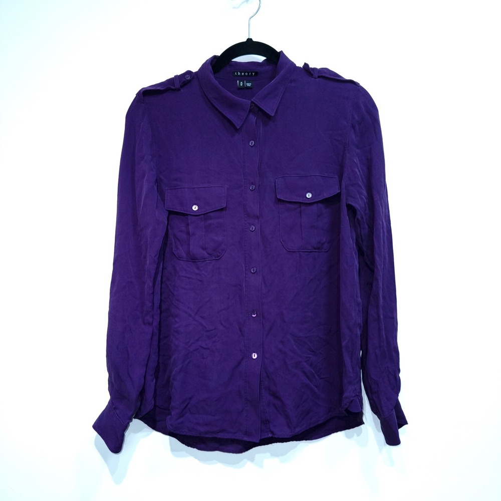 Theory Purple 100% Silk Zega Button Down Blouse Size Medium